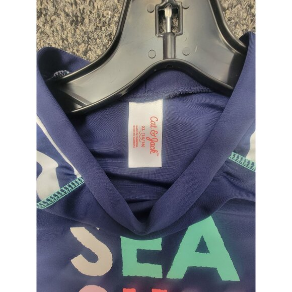Cat & Jack Kids Blue Rash Guard Shirt SEA SUN SAND Print Striped Sleeves XL (14/ - Picture 2 of 4